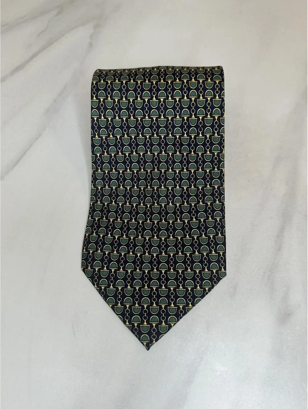 Vintage Gucci Paolo 100% Italian silk tie navy green gold horsebit equestrian